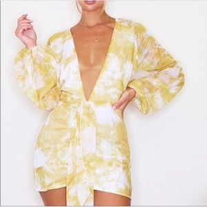 Chartreuse Tie-Dyed Plunge Mini Dress